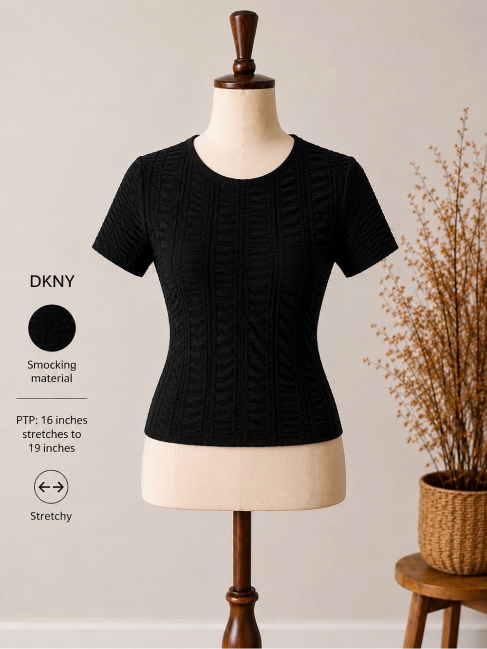 DKNY Black Smocked Short Sleeve Top